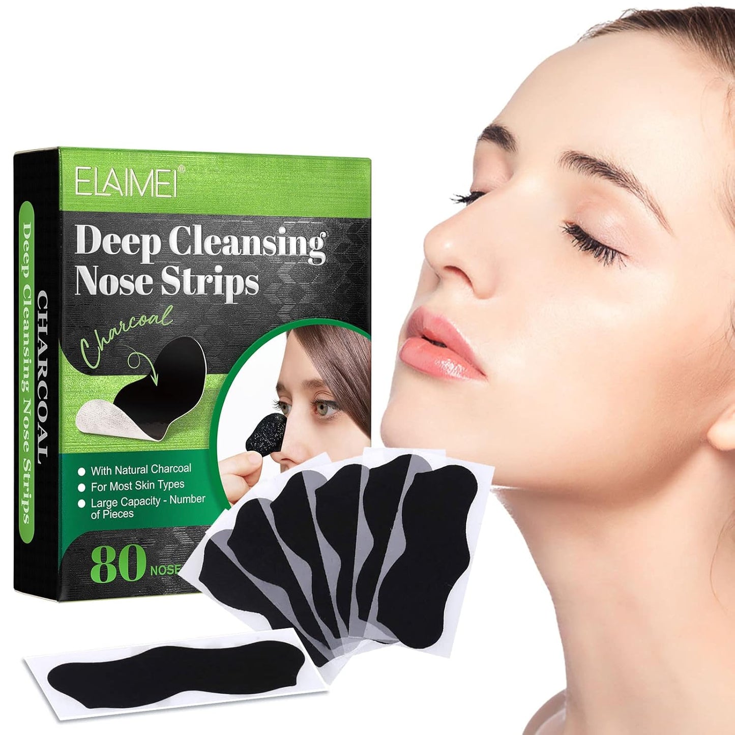 ELAIMEI Pore Strips, 80 Pcs, Natural Charcoal Blackhead Remover Strips for All Skin Types