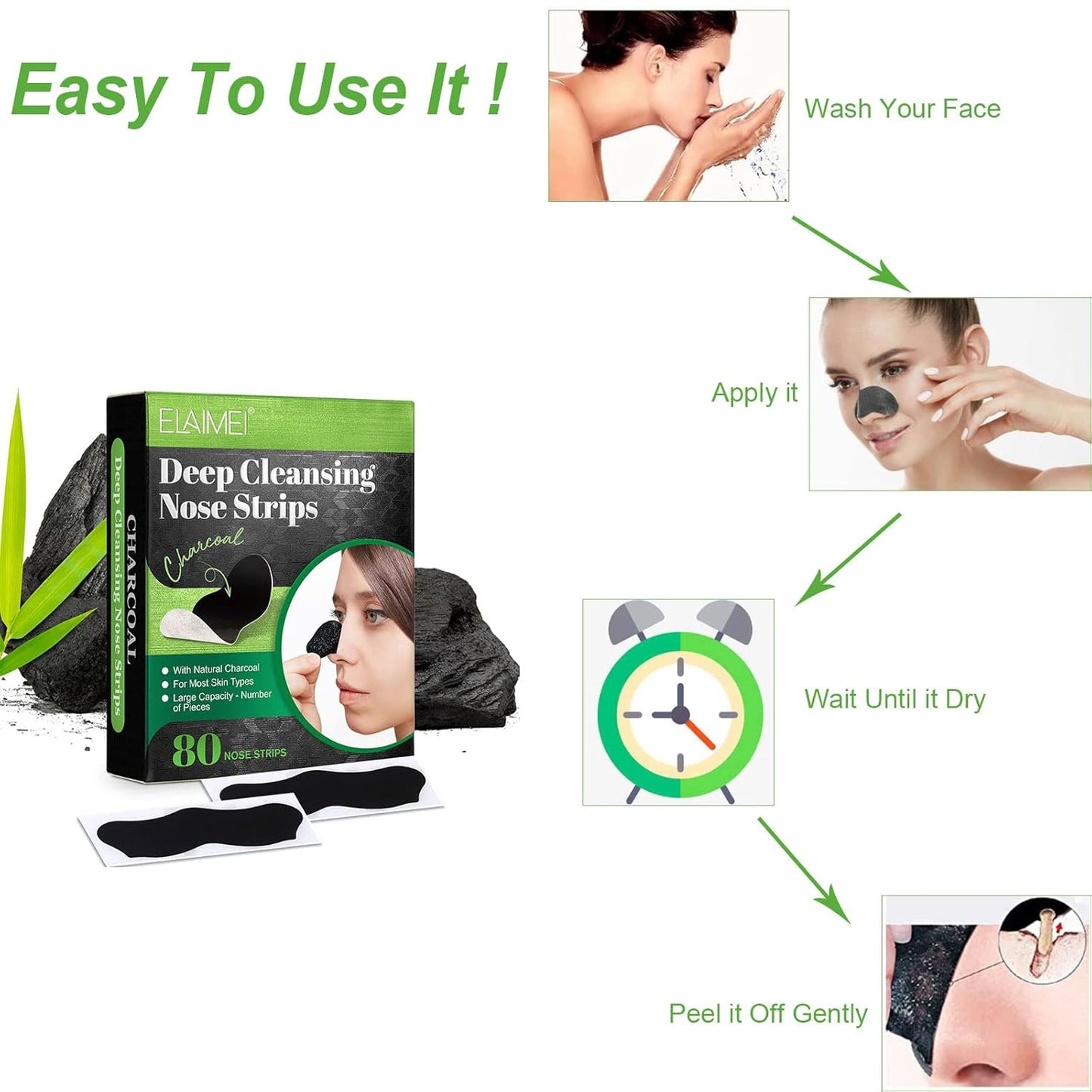 ELAIMEI Pore Strips, 80 Pcs, Natural Charcoal Blackhead Remover Strips for All Skin Types